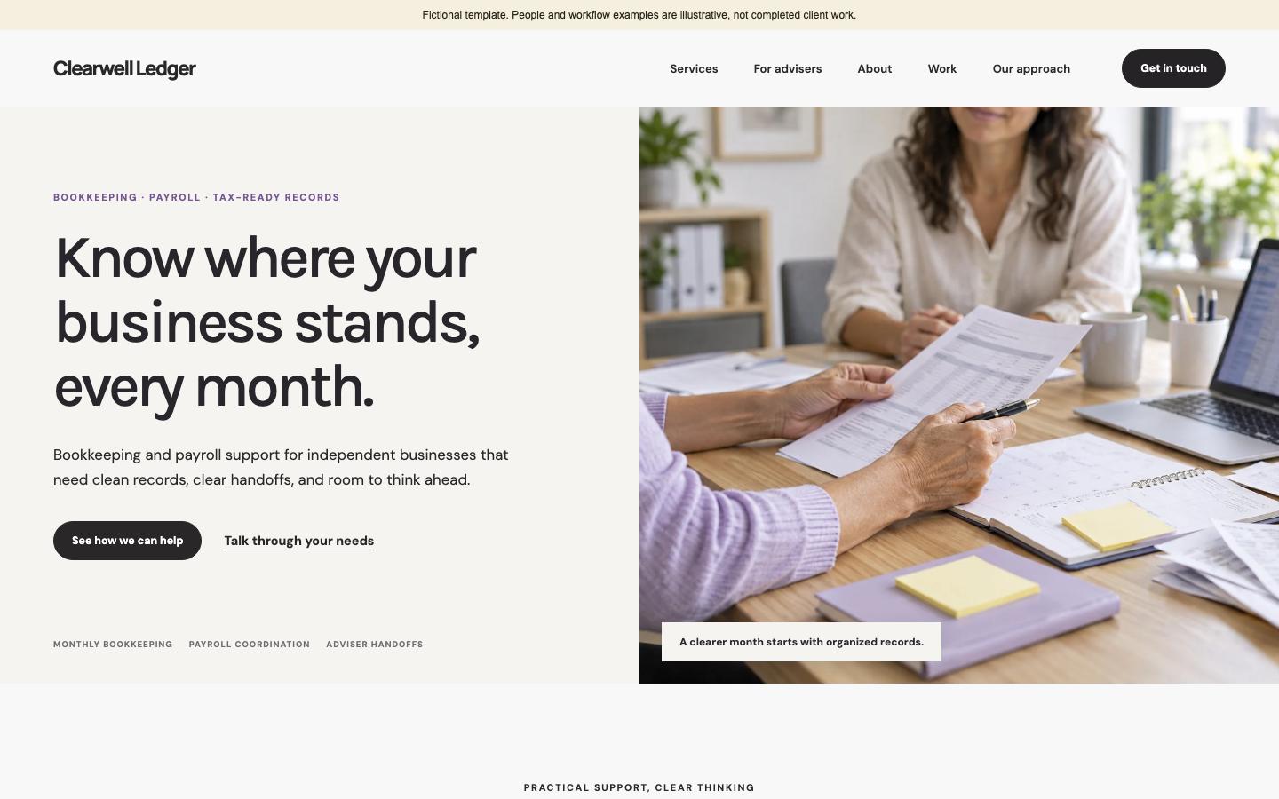 Clearwell Ledger template homepage screenshot
